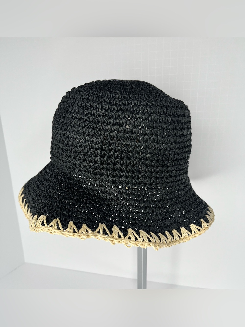 INC International Concepts Black Crochet Bucket Hat with Natural Trim - Picture 5 of 8